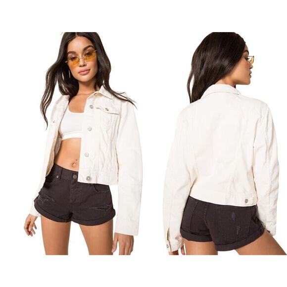 Free People Rumors Cropped Denim Jean Jacket FLAW Ecru Ivory Womens XS - Picture 8 of 10